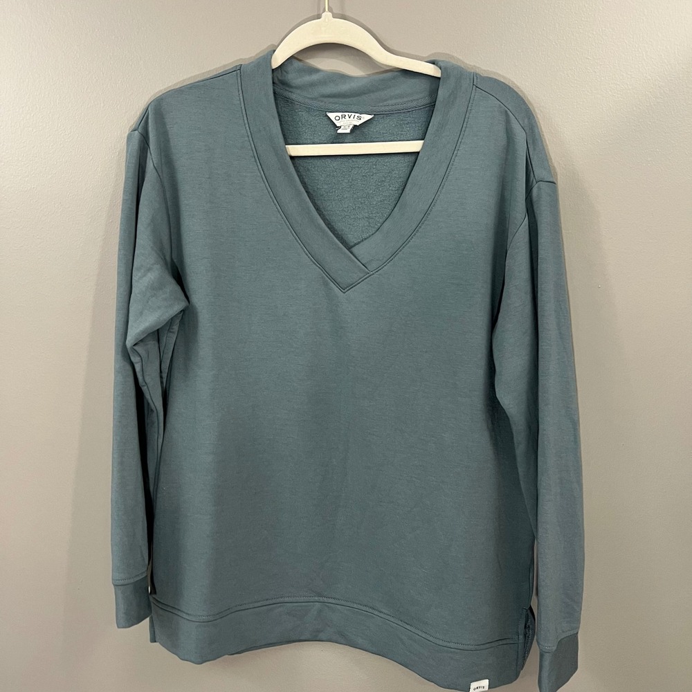 Orvis Sweatshirt Womens Medium Blue Gray Great V-Neck Modal Blend Long Sleeve